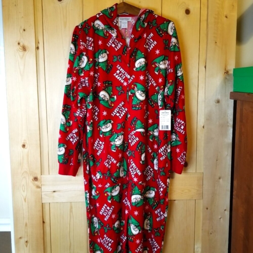 Onesies Men's One Piece "Happy Elf'n Holidays" Zip Front Hooded Onesie PJ's NWT
